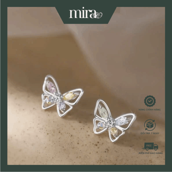 Khuyên tai bạc nữ mẫu cánh bướm đính đá ngũ sắc xinh xắn bạc cao cấp MIRA